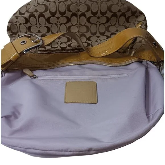 Coach Tan/Brown Signature Canvas Hobo Bag With Mustard Yellow Patent Leather Tri - Picture 6 of 13